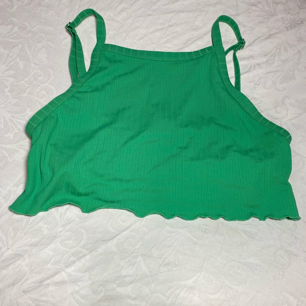 TWIIN by Princess Polly Bikini Top Green Curled Hem Ribbed Tank Medium Tankini